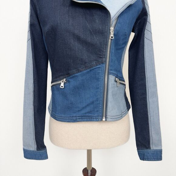 Denim Patchwork Moto Jacket Womens XS Blue Moto Festival‎ Y2K Western Cowgirl - Picture 3 of 16